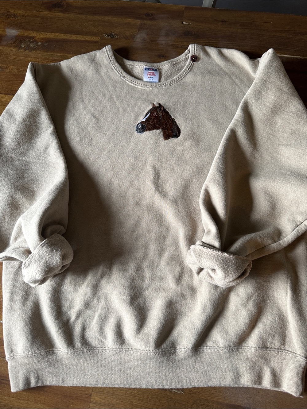Jerzees Cream Crewneck Sweatshirt with Embroidered Horse Head